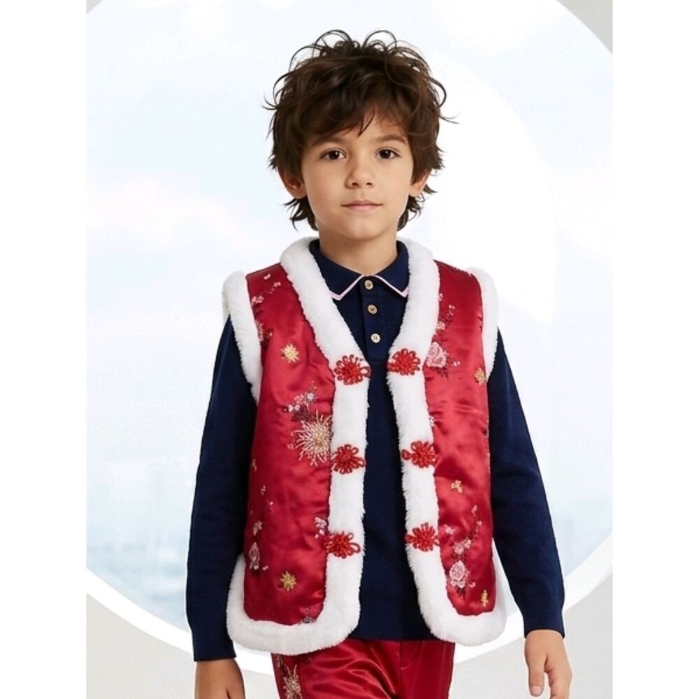 Kids Lunar Chinese New Year Red Vest White Fur Red Satin Brocade Boy Girl Unisex